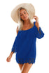Sexy Blue Lacy Crochet Trim Crinkle Cold Shoulder Beachwear